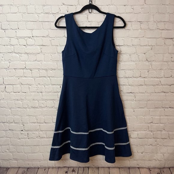 Navy Blue & White Lace Fit & Flare A-line Dress Pinup Rockabilly Retro sz Large - Picture 1 of 8
